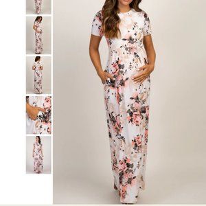 Peach Floral Short Sleeve Maternity Maxi Dress